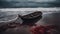 storm on the sea A scary beach with a sinking boat and a at a sea of blood, with storm