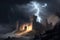 storming a medieval fortress under a raging thunderstorm, with lightning streaks striking the battlements