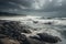 stormy beach with crashing waves and dramatic sky