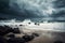 stormy beach with crashing waves and dramatic sky