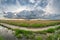 Stormy clouds over the dutch landscape. Fisheye view.