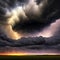 A stormy dark sky with black clouds and sparkling lightning from behind which the sun and direct sunlight are visible. 3