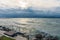 The stormy Lake Balaton with pier stairs