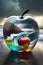 A stormy sea and the glass apple blending together, double exposure, translucent glass figure  of an apple, fruit