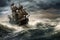 stormy sea, with pirate ship battling waves and wind