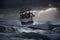 stormy sea with pirate ship, sails flapping in the wind