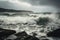 stormy sea with waves crashing against the shore and flooding onto land