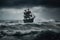 stormy seas, with pirate ship sailing through choppy waves