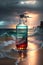 Stormy Seas at Sunset with Waves Crashing on the Beach and a Giant Bottle Drifting Ashore. AI generated