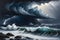 Stormy Seas Symphony: Oil Painting of Choppy Sea under Dark Stormy Skies - Waves Cresting with White Foam, Distant Lightning