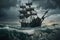 stormy seas, with treasure-filled pirate ship making its escape