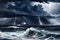 Stormy Seascape - Ominous Clouds Rolling Over Tumultuous Waves, Lightning Striking in the Distance, Nature\\\'s