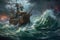 stormy seascape with a pirate ship battling the raging waves