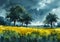 Stormy Skies and Vibrant Blooms: A Cartoon Field at High Noon