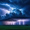 A stormy sky with multiple cloud to ground lightning