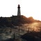 stormy sunset ocean with a lighthouse guiding the lost ships. Transparent PNG file.