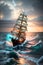 The Stormy Sunset and Waves\\\' Battle as the Sailing Ship Strives to Reach the Shore. AI generated