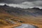 Stormy weather landscape in South Iceland. Stormy clouds over the mountains.