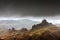 Stormy weather over Roque Bentayga, landmark of Gran Canaria, Canary islands, Spain