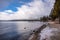 Stormy winter day on the shoreline of Lake Tahoe, Sierra mountains, California