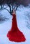 Story of frozen fairy tale, wonderful pretty blonde princess in gorgeous adorable royal maroon magical dress of red and