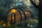 Storybook scene of a small, enchanted greenhouse at dusk, with soft lights