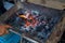 Stove charcoal.orange flames of coals in the grill / Charcoal stove burning.Brazier charcoal burning ready to grill in solid stove