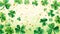 Stpatrick s day card template with green four leaf clover and gold splashes on green background.