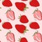 Straberries on pink decoraition. Modern food fabric pattern. Dessert fruit natural background. Healthy lifestyle berry