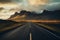 Straight asphalt road among mountains and cloudy sky, generative ai