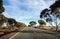 The straight asphalt road in Western Australia during the sunset with long shadows and slight motion blur effect showing the speed