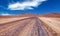 Straight empty sandy desert road through life hostile barren dry arid landscape, one single lone truck on horizon - Salar de