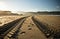 Straight engine tyre trace track on a sandy beach in hendaye