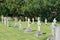 Straight line of gravestones in graveyard