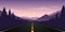 Straight paved road with forest and mountain landscape at dawn