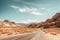 Straight road through the desert with bushes growing on both sides of the road