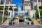 Straight on view of Embarcadero Center entrance-way with curving symmetrical staircases