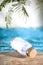 Stranded bottle message note paper with cork on a beautiful vacation holiday beach with palms