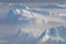 Stranded icebergs in the fog at the mouth of the Icefjord near Ilulissat. Nature and landscapes of Greenland.