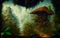 Strange houses in fantasy landscape of tropical jungle forest. Generative Al Illustration