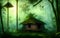 Strange houses in fantasy landscape of tropical jungle forest. Generative Al Illustration