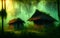 Strange houses in fantasy landscape of tropical jungle forest. Generative Al Illustration