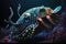 Strange imaginary animal underwater, with shell and legs, bioluminescence effect, on underwater background, AI generative
