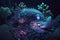 Strange imaginary animal underwater, with shell and tentacles, bioluminescence effect, on underwater background, AI generative