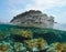 Strange rocky island with fish underwater