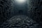 Strange scary dark room with stone floor and walls as maze, spooky gloomy underground hall. Creepy surreal dungeon like in horror