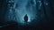Strange silhouette in a dark spooky forest at night, mystical landscape surreal lights with creepy man. Horror concept