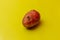 Strange ugly mutant red organic uneven potatoes with insect bites on a yellow background. Rejected food in stores shops concept.