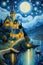 A strange witch school behind a sea, with mountains view, starry night, moonlight, painting of Van Gogh, fantasy art