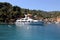 STRANGELOVE luxury motor yacht moored in the town`s harbor, Portofino, Liguria, Italy